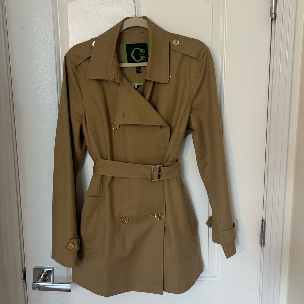 C. Wonder Womens Tan Double Breasted Belted Trench Coat Gold Buttons XL